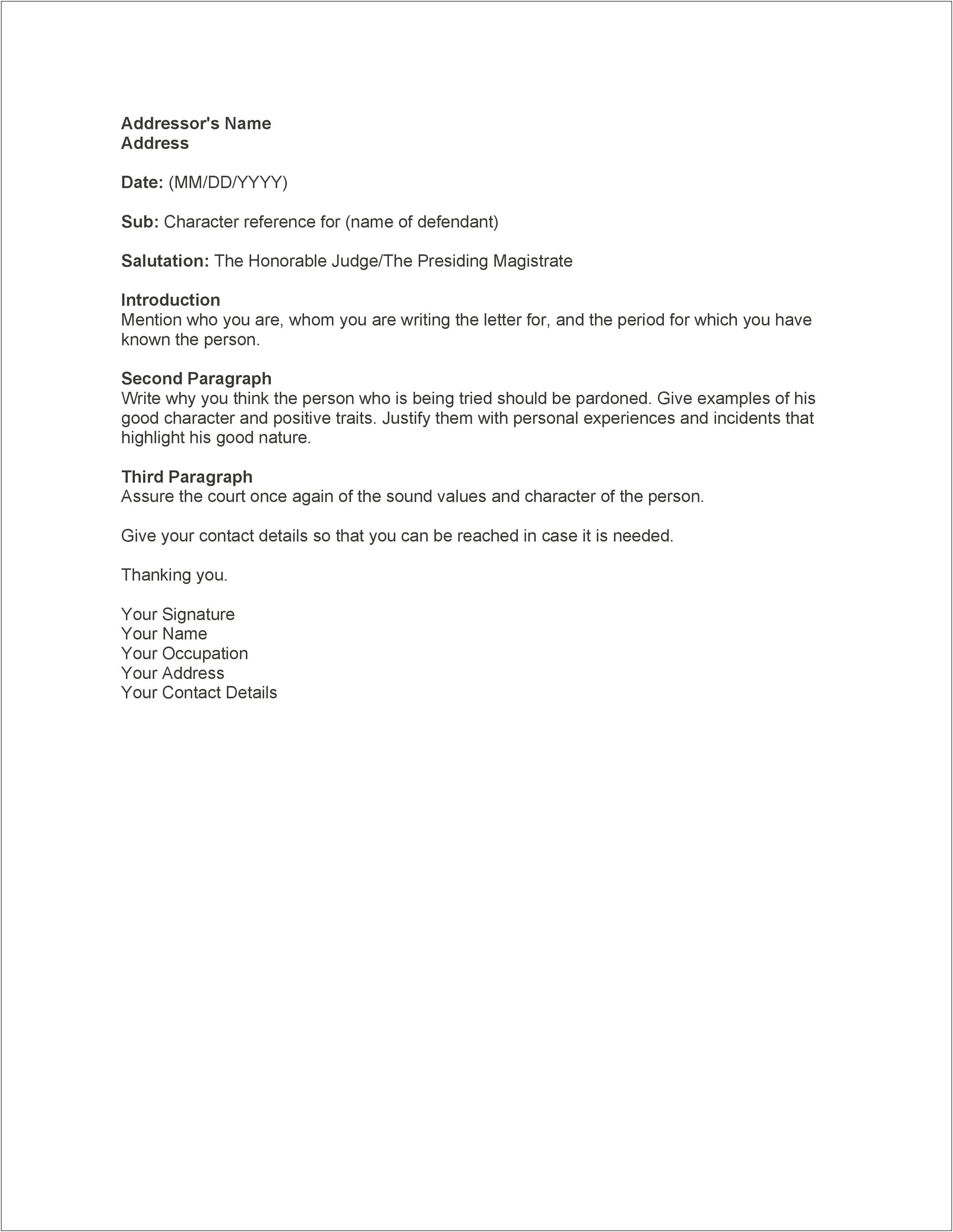 Character Reference Letter Template For Military