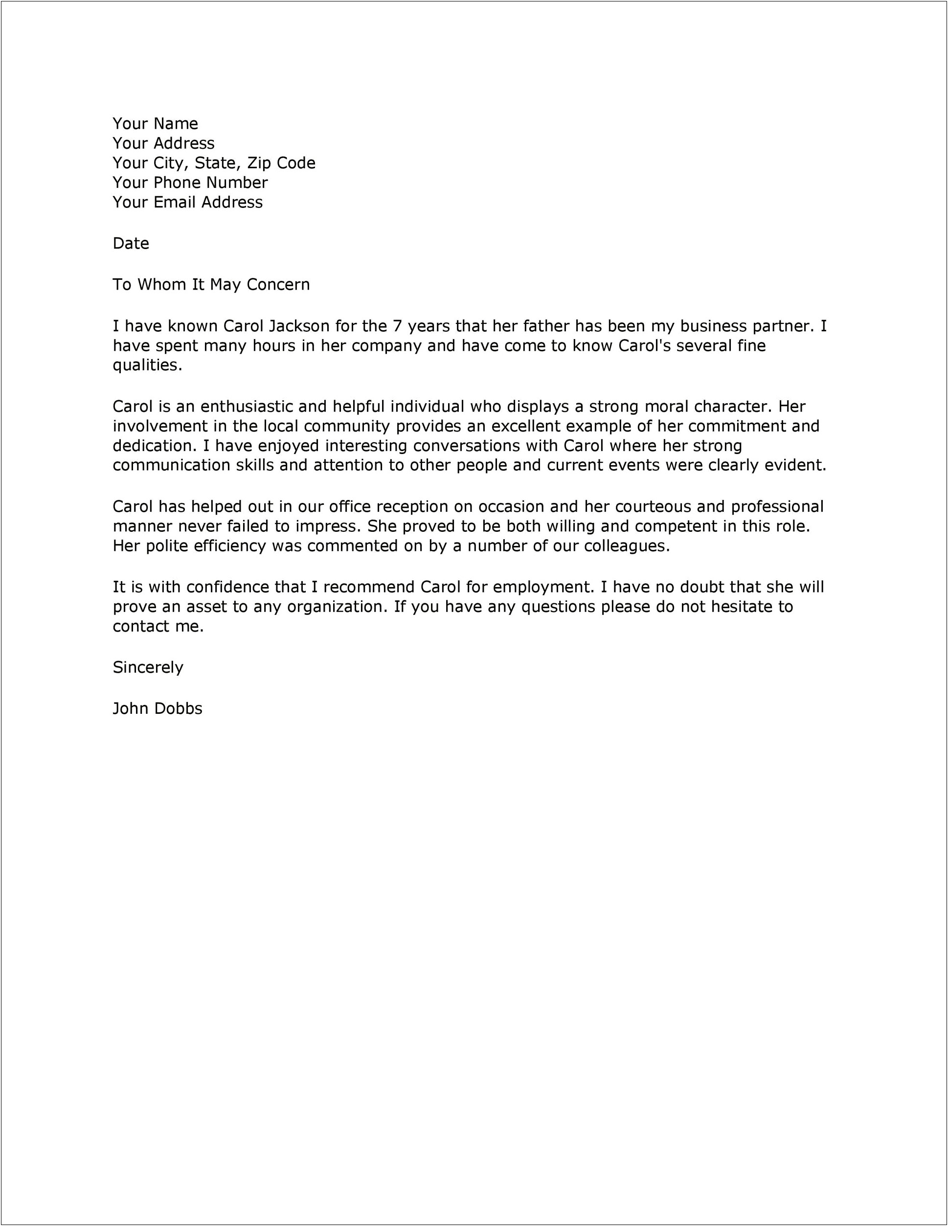 Character Reference Letter Template For School