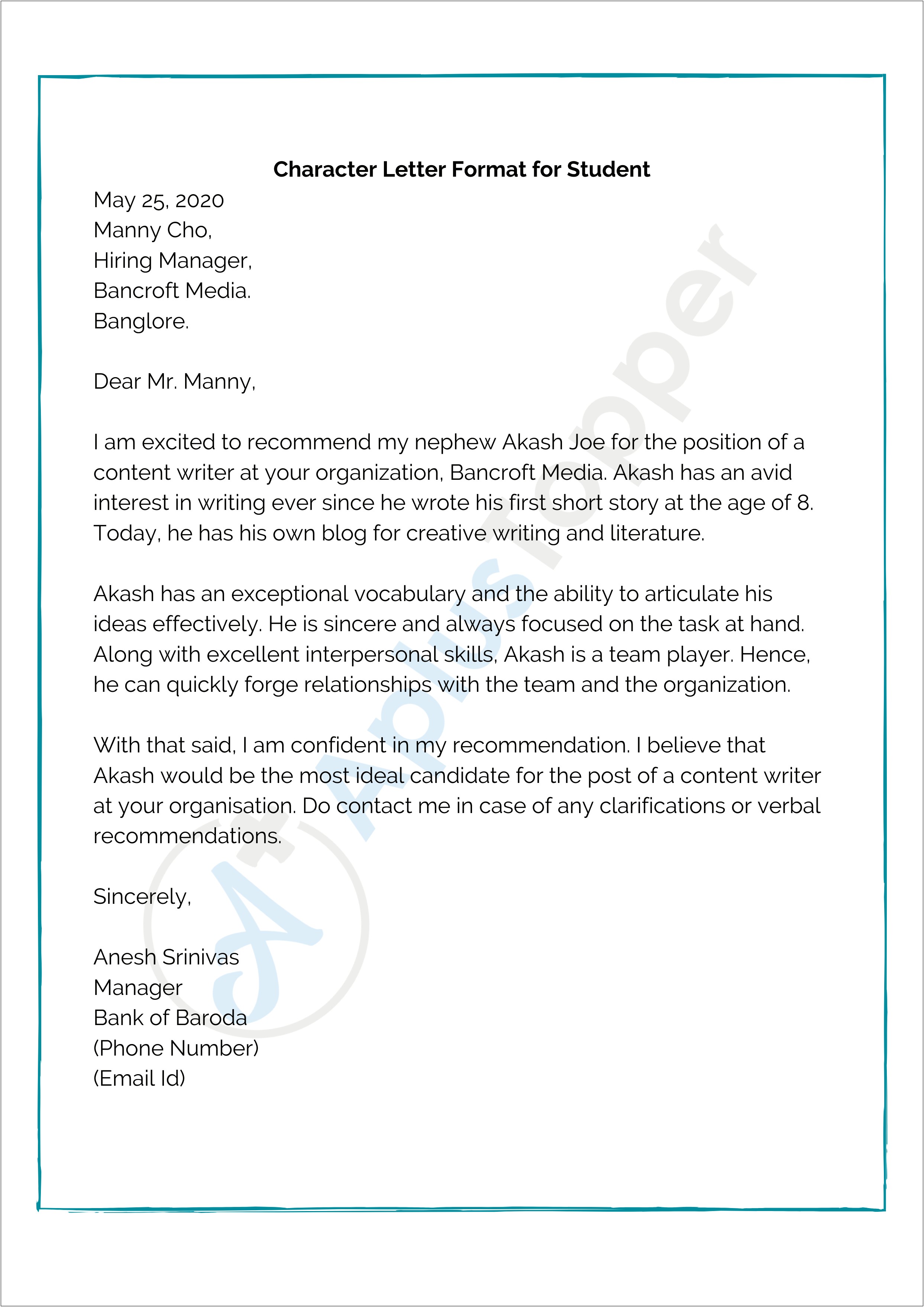 Character Reference Letter Template For Student From Teacher