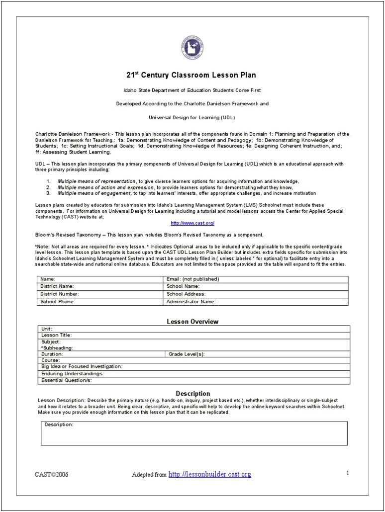 Charlotte Danielson Framework Lesson Plan Template