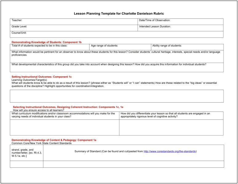 Charlotte Danielson Lesson Plan Format Template