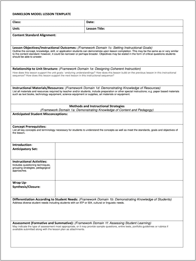 Charlotte Danielson Lesson Plan Template Pdf