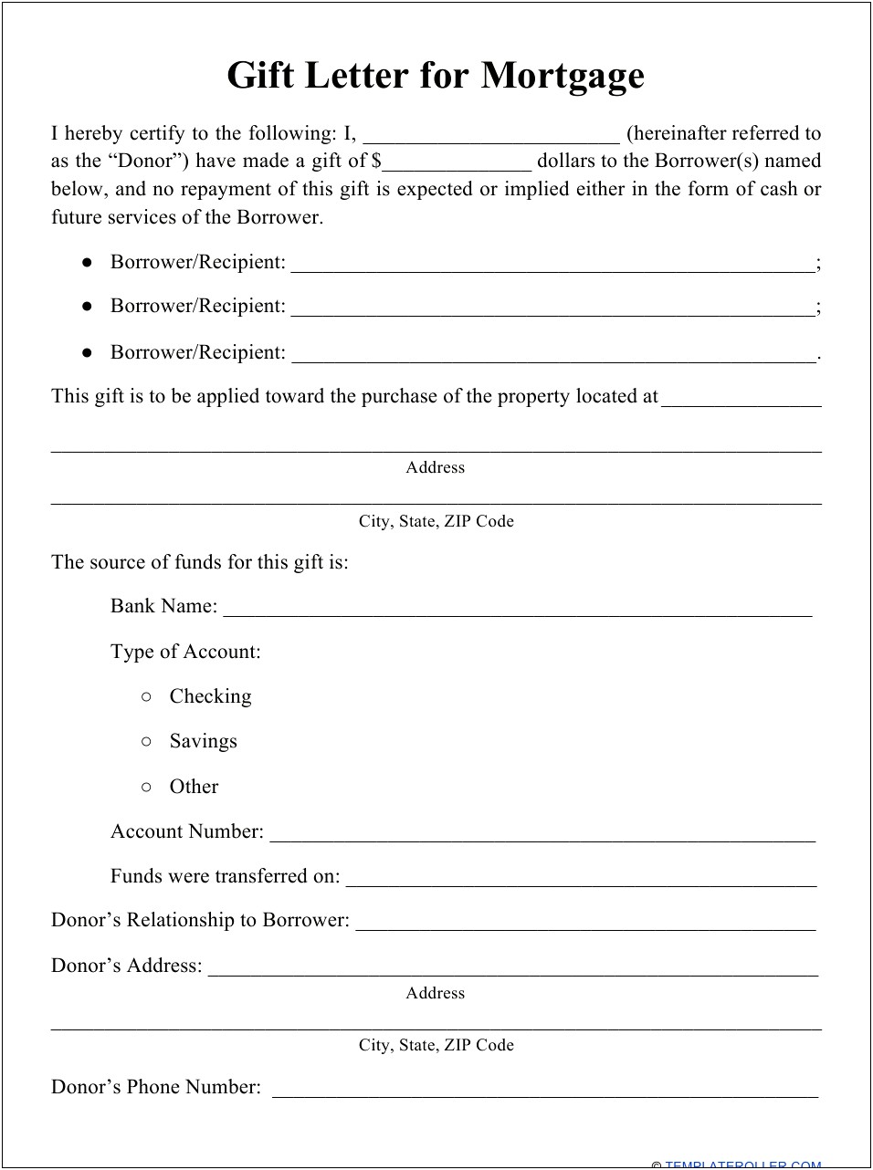 Chase Bank Gift Letter Template Form