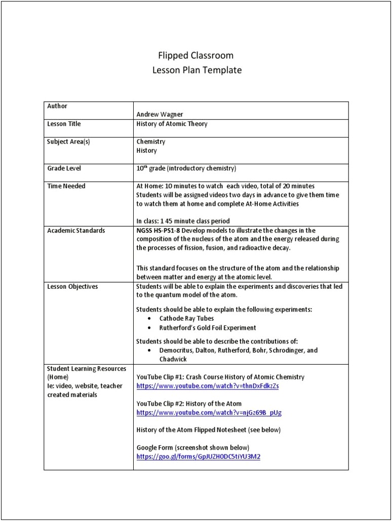 Chemistry Lesson Plan Template By Minute