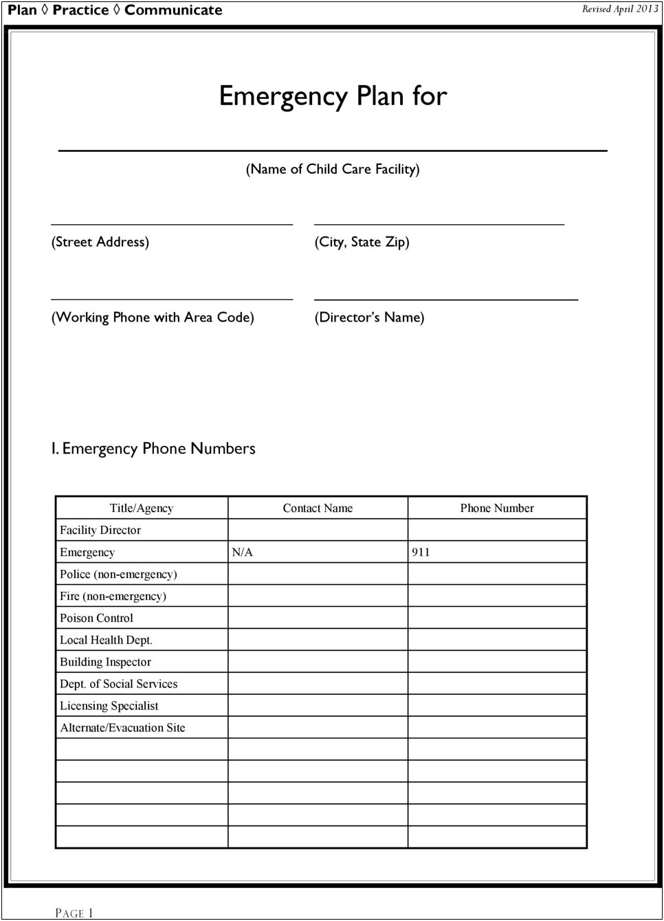 Child Care Center Emergency Preparedness Plan Template