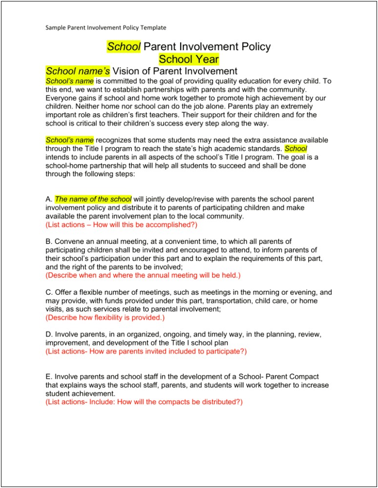 Child Care Program Improvement Plan Template