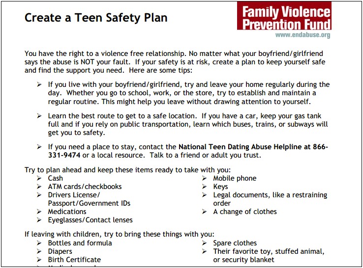 Child Safety Plan Template Domestic Violence