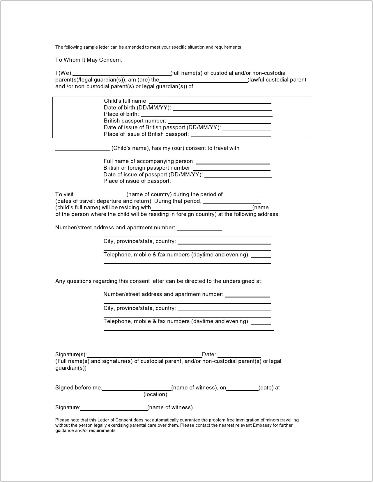 Child Travel Consent Letter Template Uk