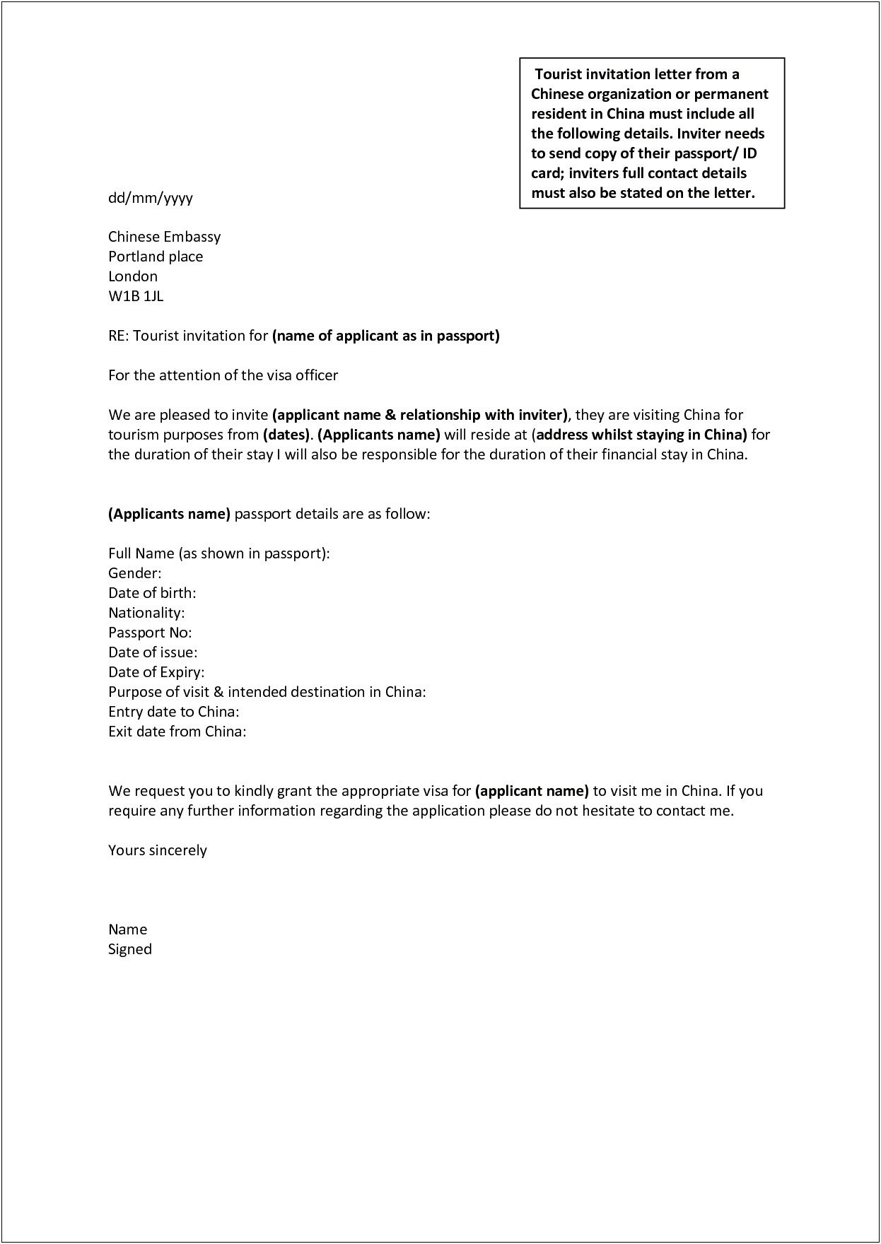 China Q2 Visa Invitation Letter Template Pdf