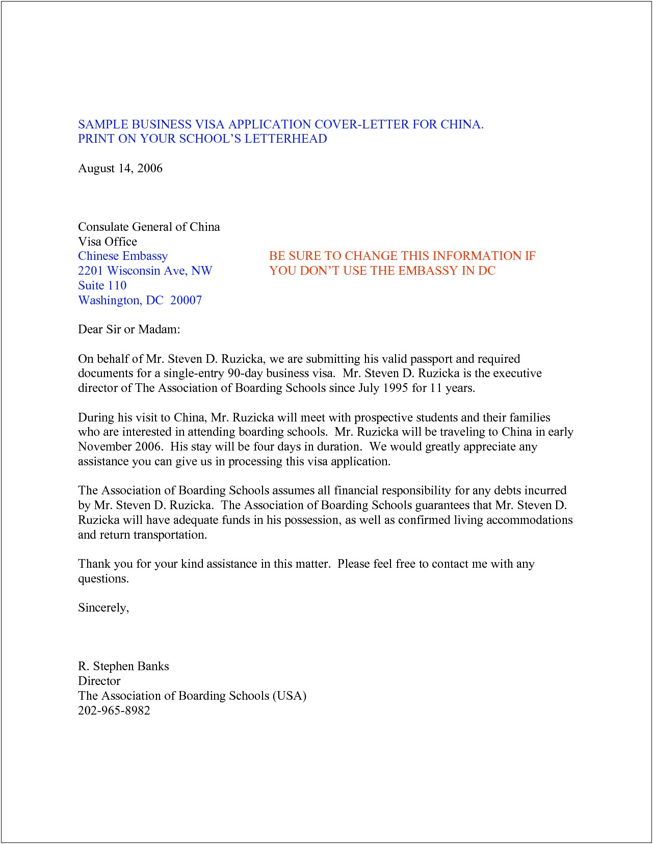 China Visa Business Cover Letter Template