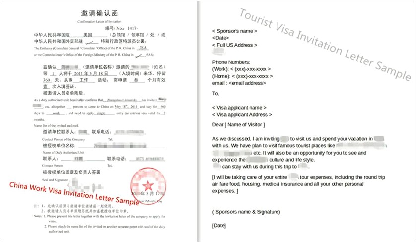 Chinese Tourist Visa Invitation Letter Template