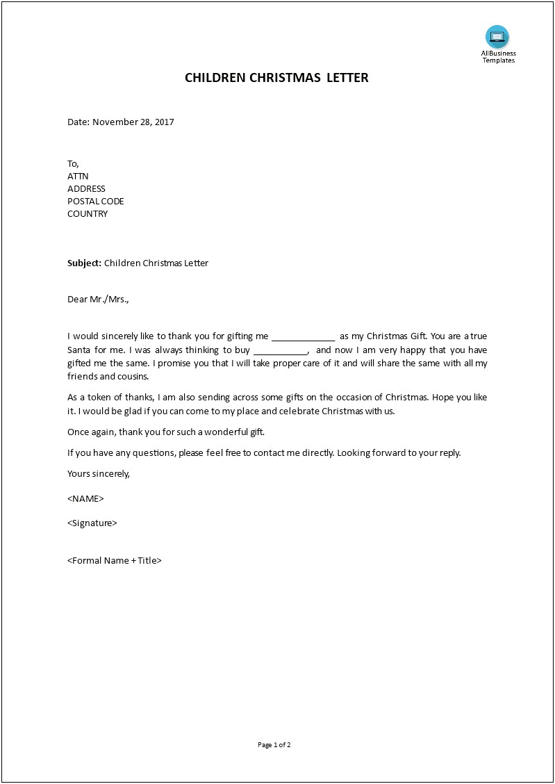 Christmas Gift Thank You Letter Template