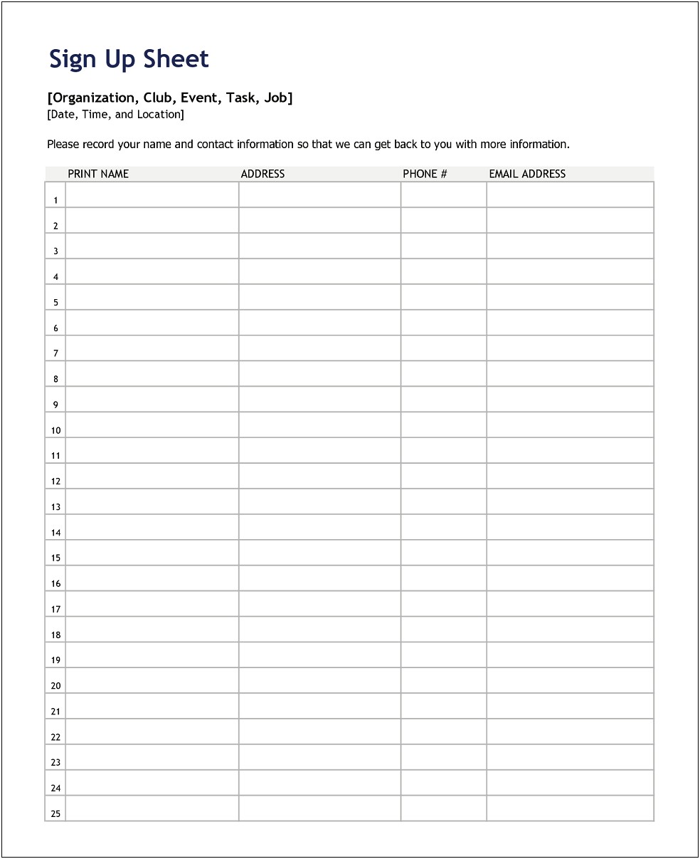 Christmas Potluck Sign Up Sheet Template Word