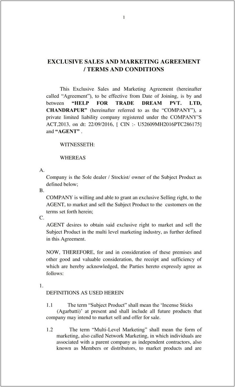 Click To Call Marketing Agreement Template Word