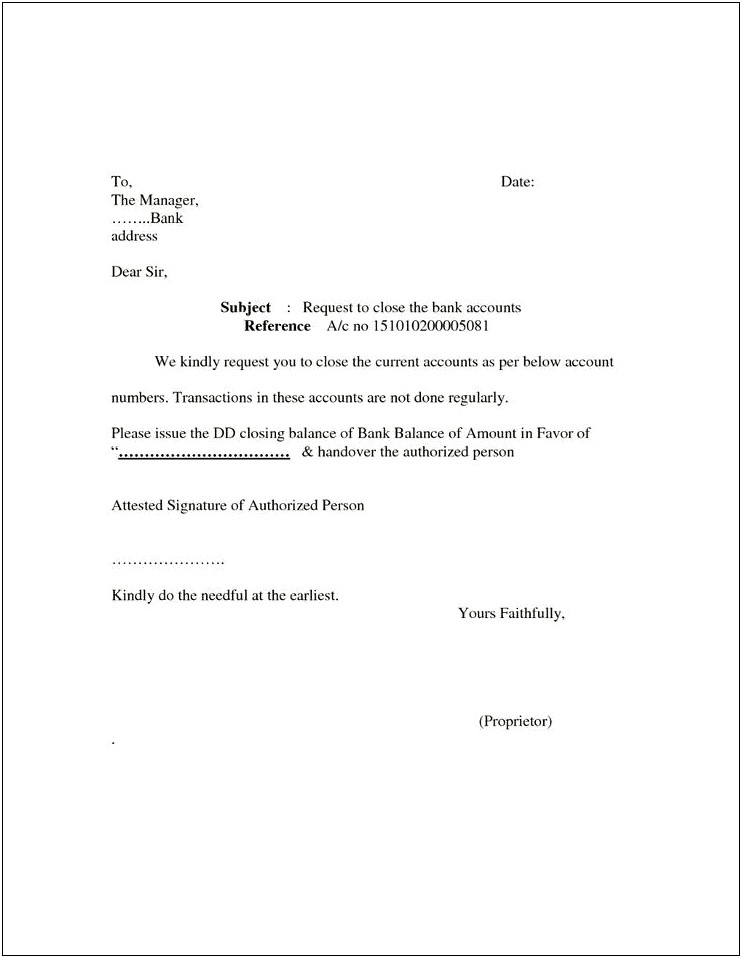 Closure Of Bank Account Letter Template