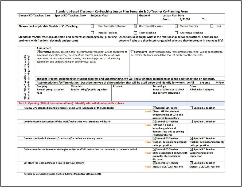 Co Teaching Strategies Lesson Plan Template