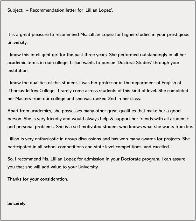 College Admission College Recommendation Letter From Friend Template