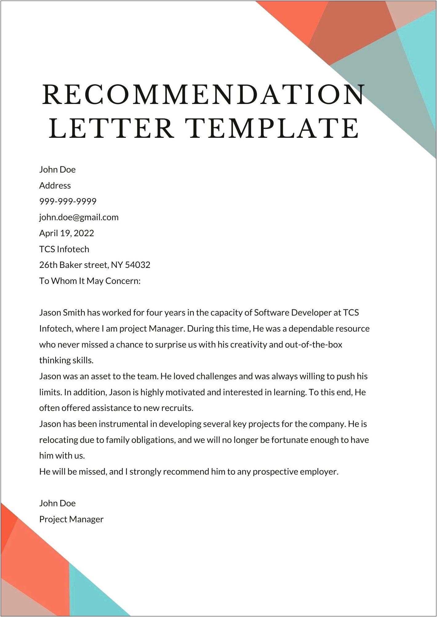 College Letter Of Recommendation From Teacher Template