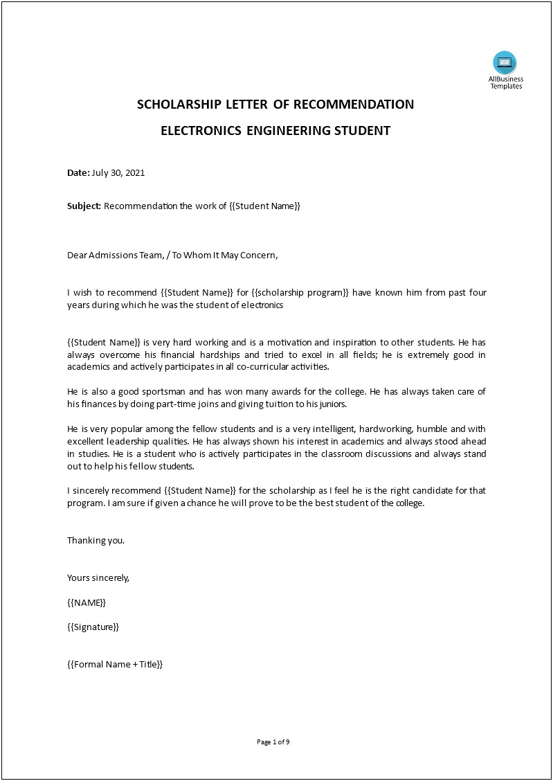 College Recommndation Letter Template From Friend