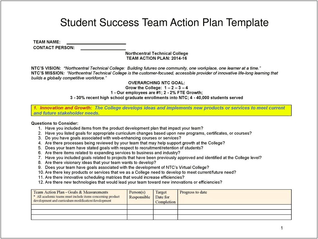 College Student Academic Action Plan Template