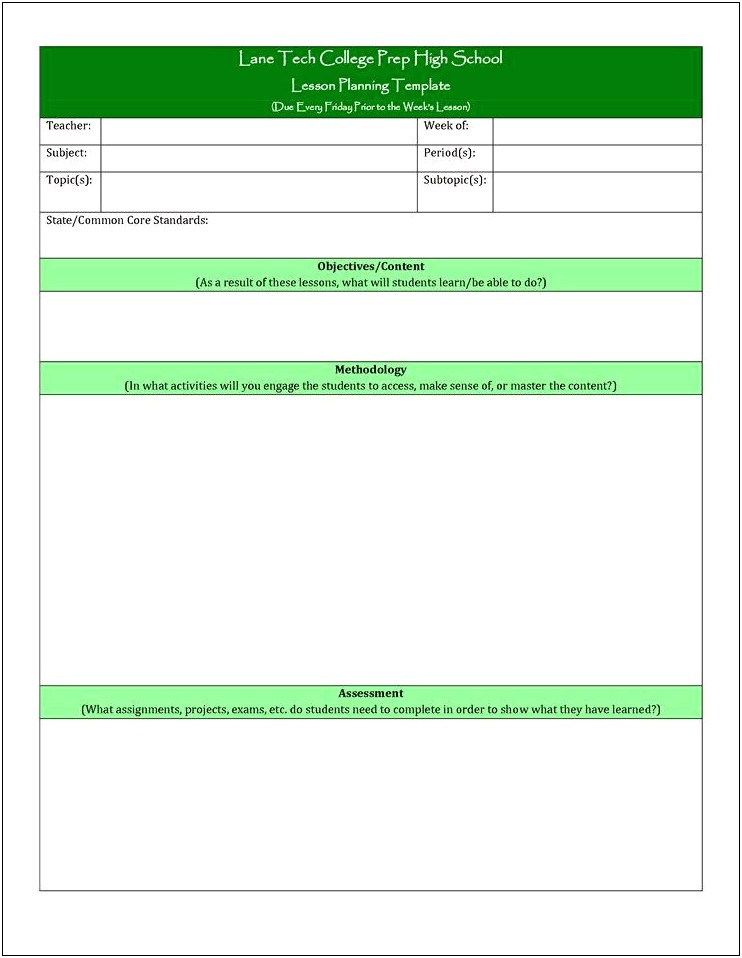 College Weekly Lesson Plan Template Word