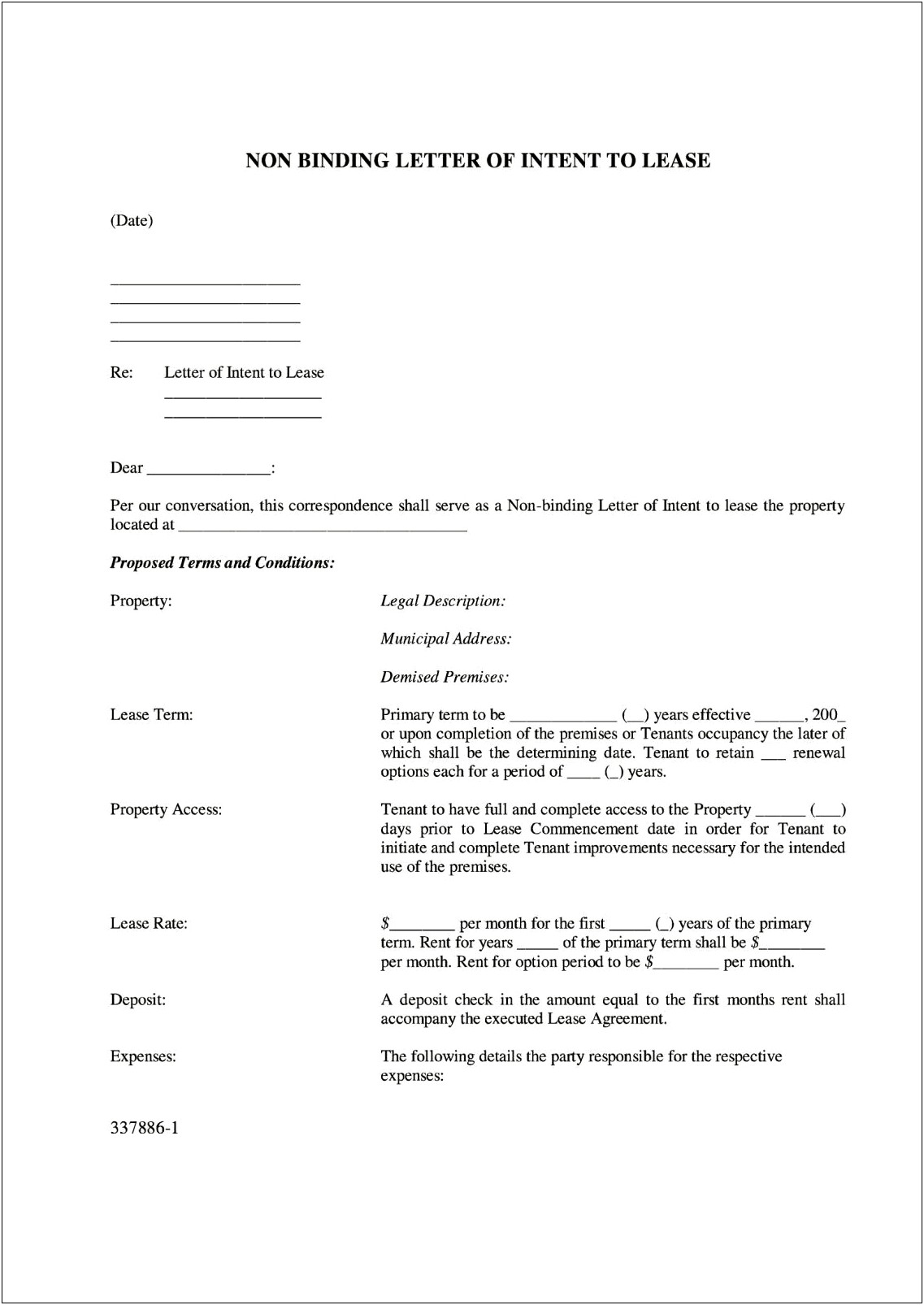 Commercial Lease Letter Of Intent Template Pdf