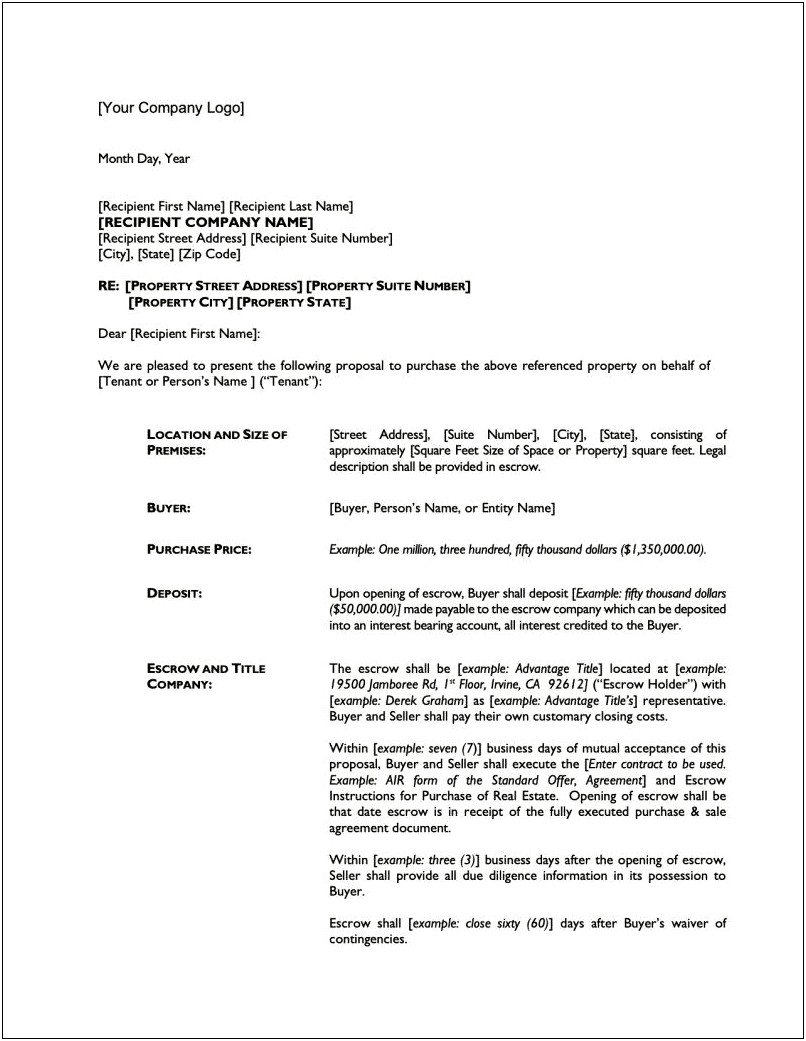 Commercial Lease Letter Of Intent Template