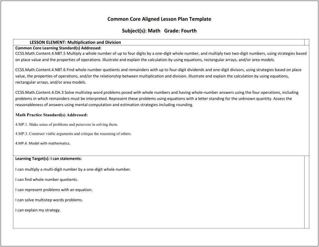 Common Core Aligned Lesson Plan Template Sample