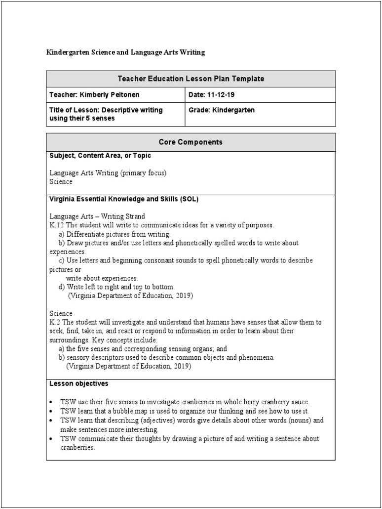 Common Core Ela Lesson Plan Template Kindergarten