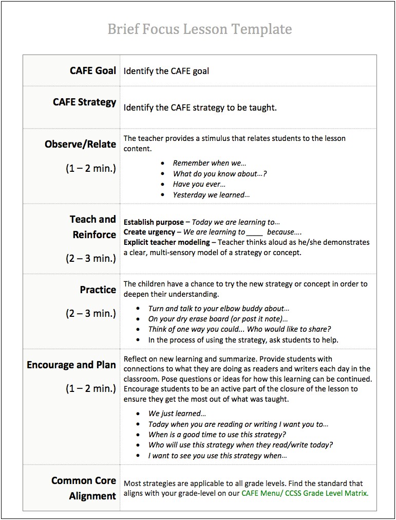 Common Core First Grade Lesson Plan Template