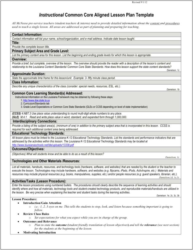 Common Core Lesson Plan Book Template