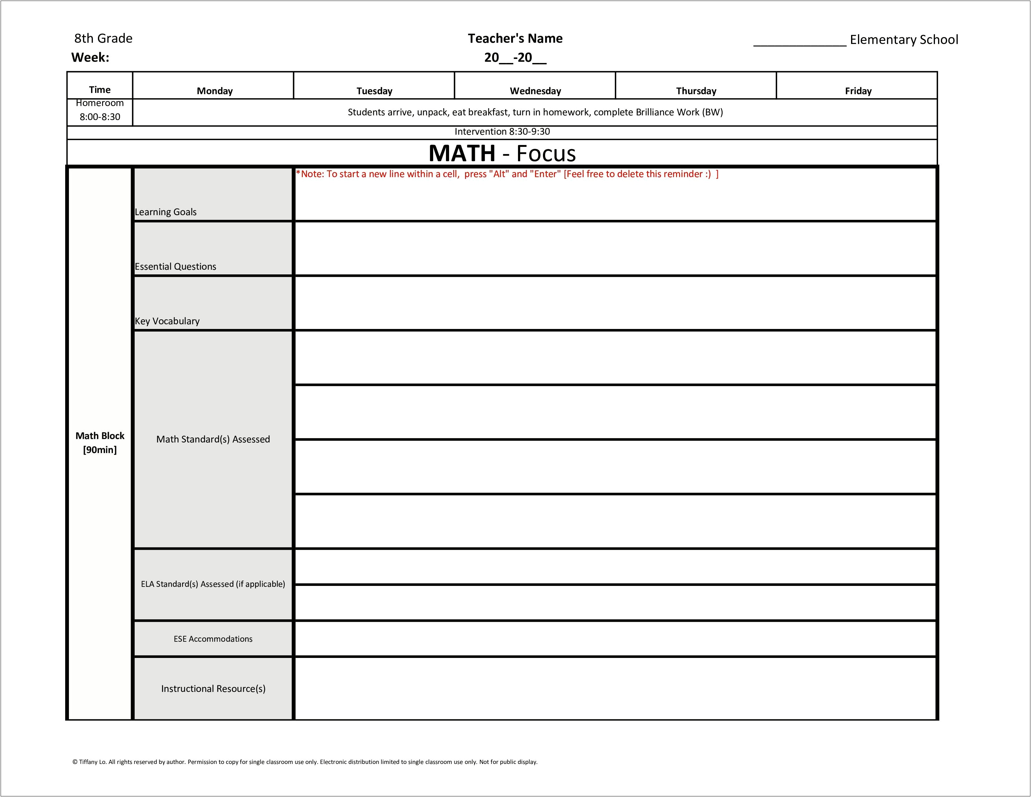 Common Core Lesson Plan Template 8th Grade Ela