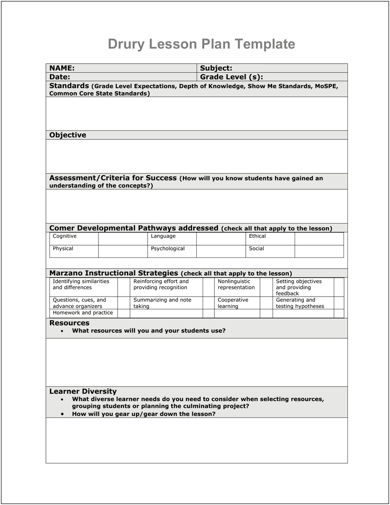 Common Core Lesson Plan Template Doc