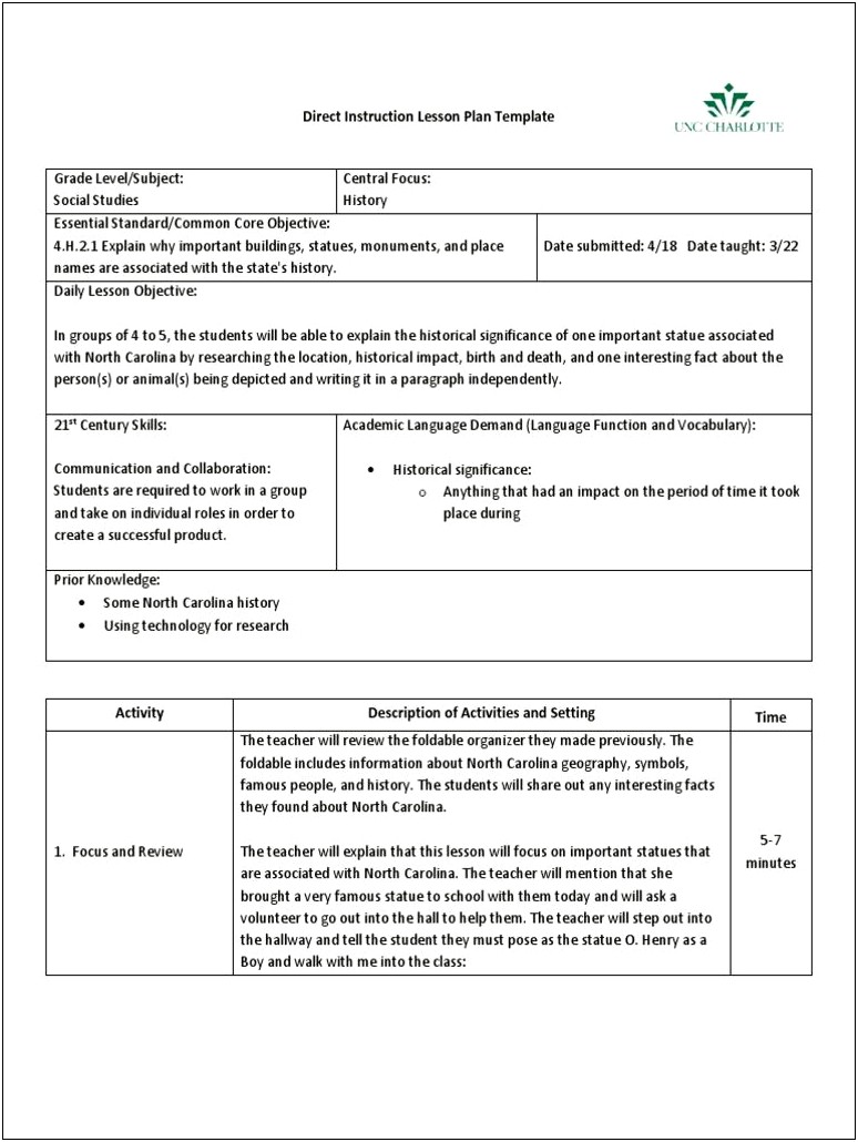 Common Core Lesson Plan Template North Carolina