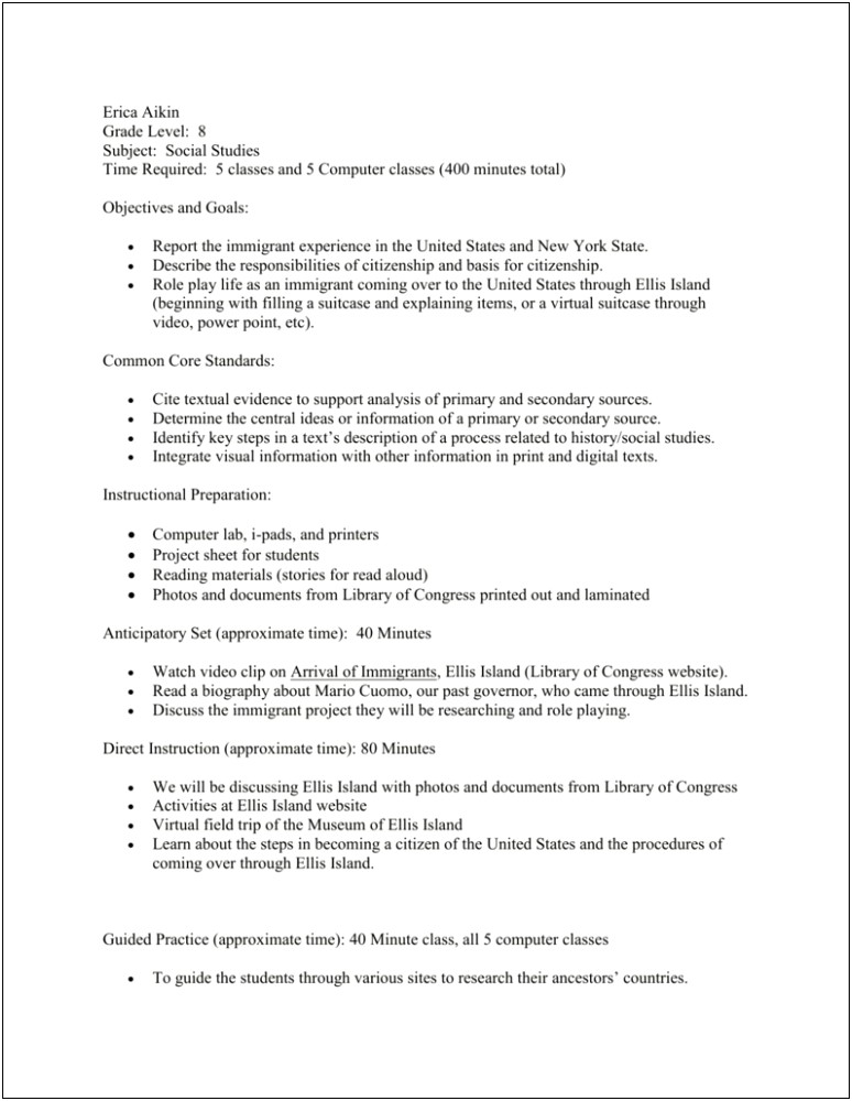 Common Core Lesson Plan Template Ny