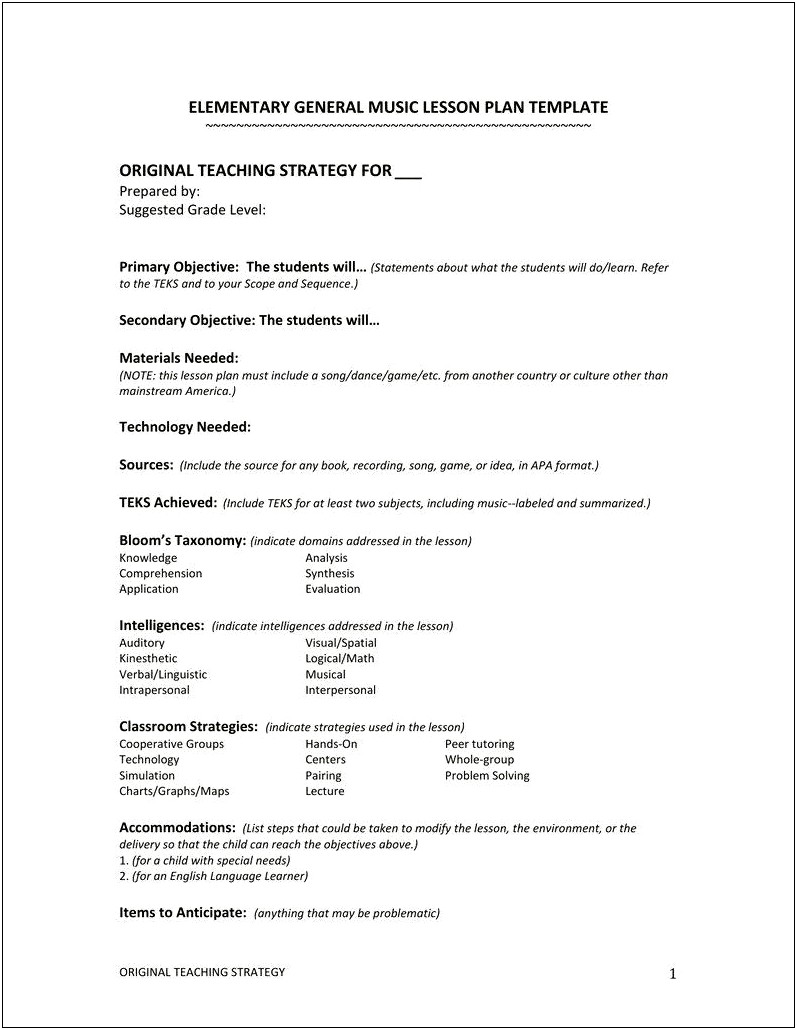 Common Core Music Lesson Plan Template