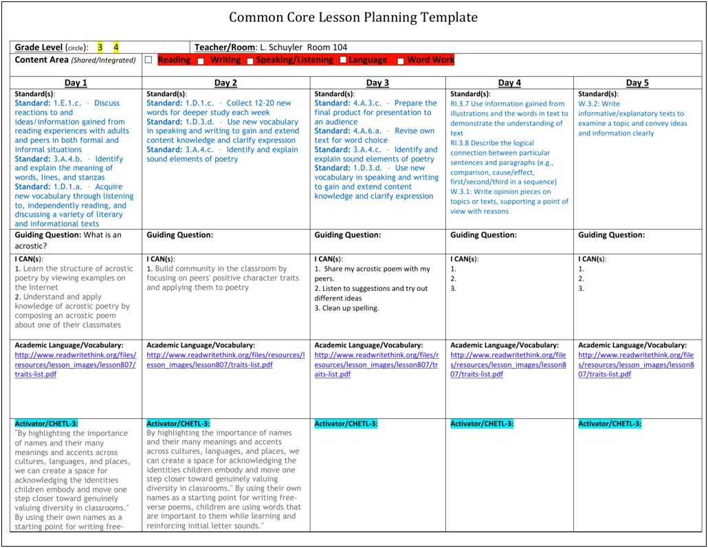 Common Core Observation Lesson Plan Template Pdf