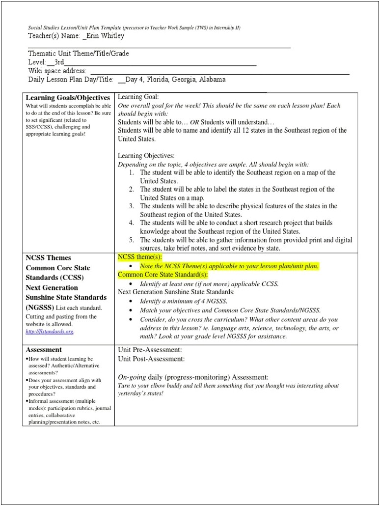 Common Core Social Studies Lesson Plan Template