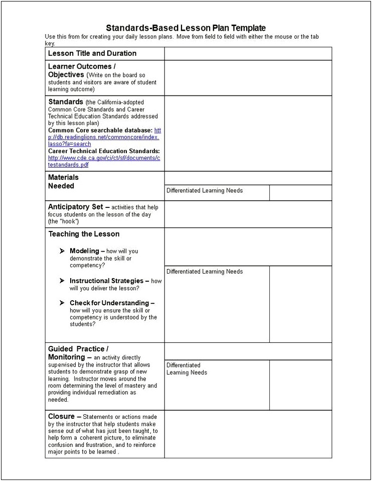 Common Core Standards California Lesson Plan Template