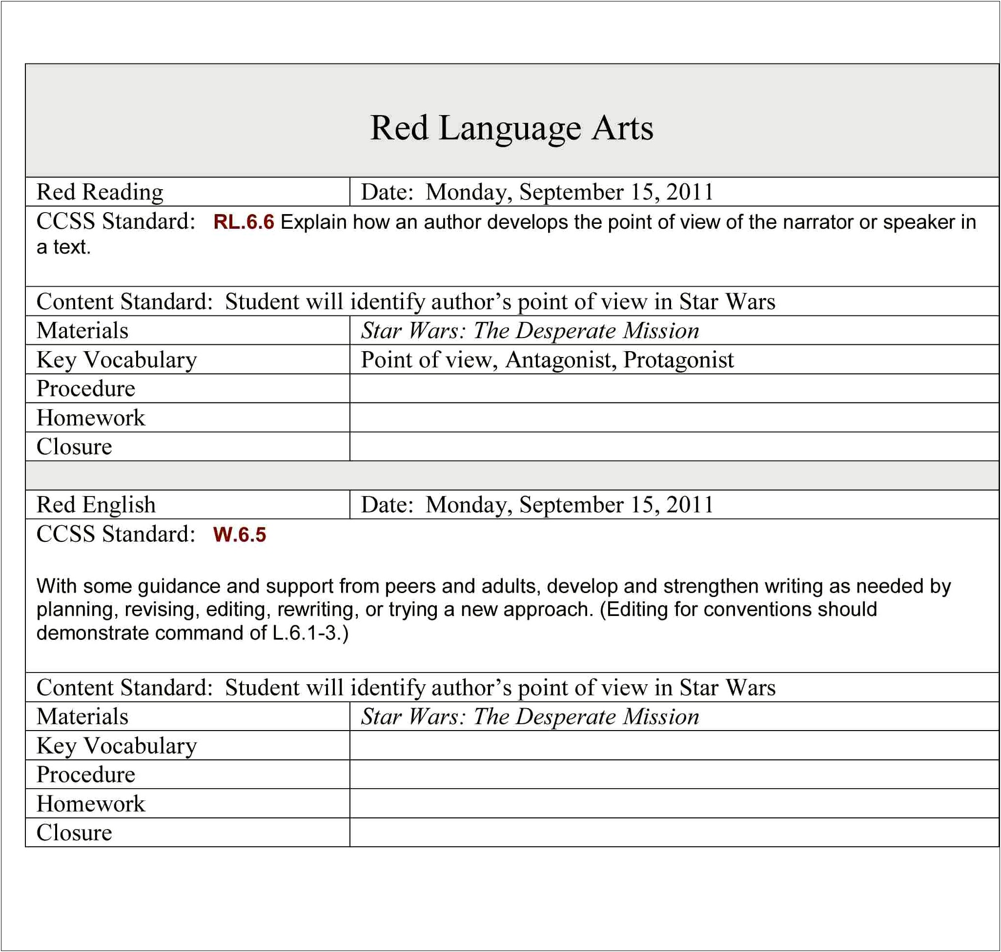 Common Core Standards Ela Lesson Plan Template