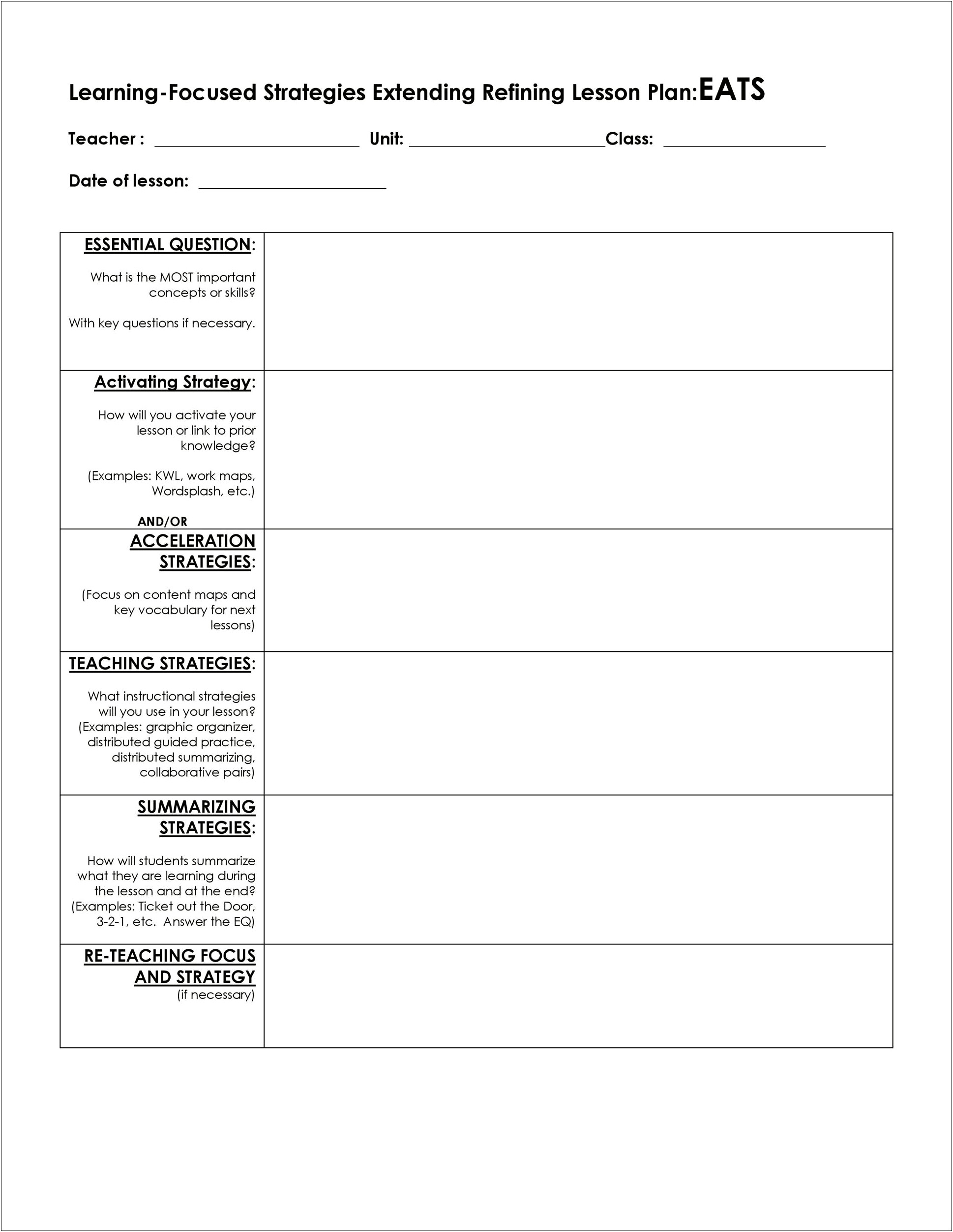 Common Core Weekly Lesson Plan Template