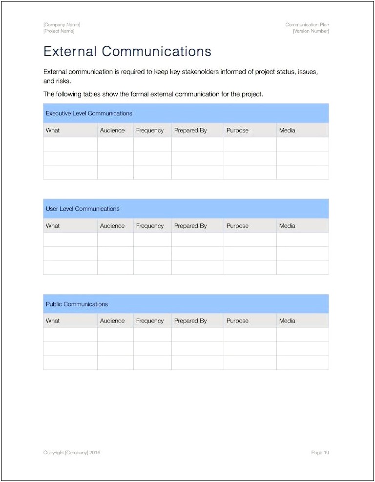 Communication Plan On A Page Template