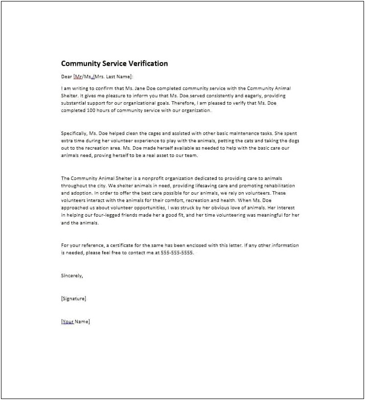 Community Service Completion Letter Template Sample