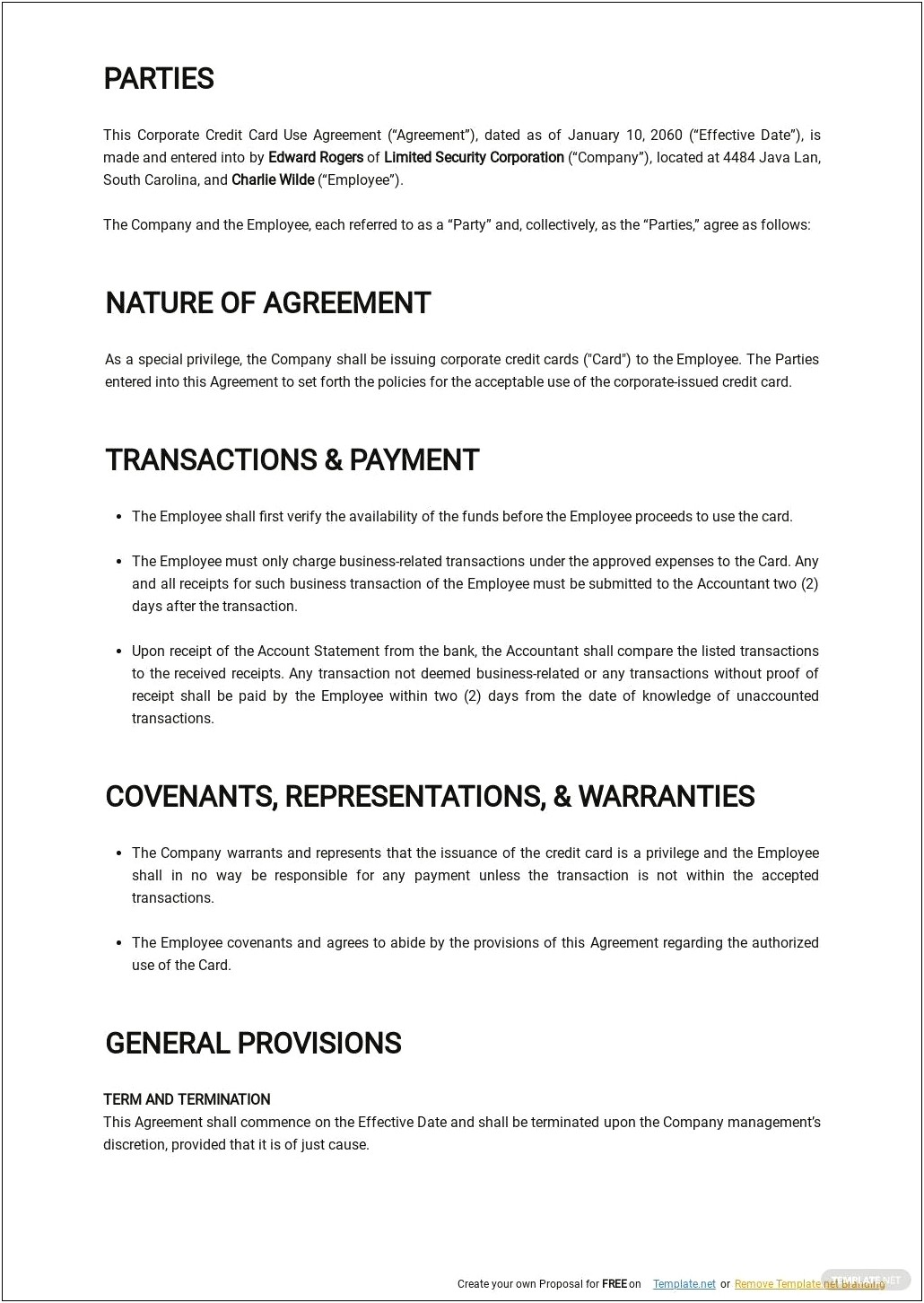 Company Credit Card Use Agreement Template