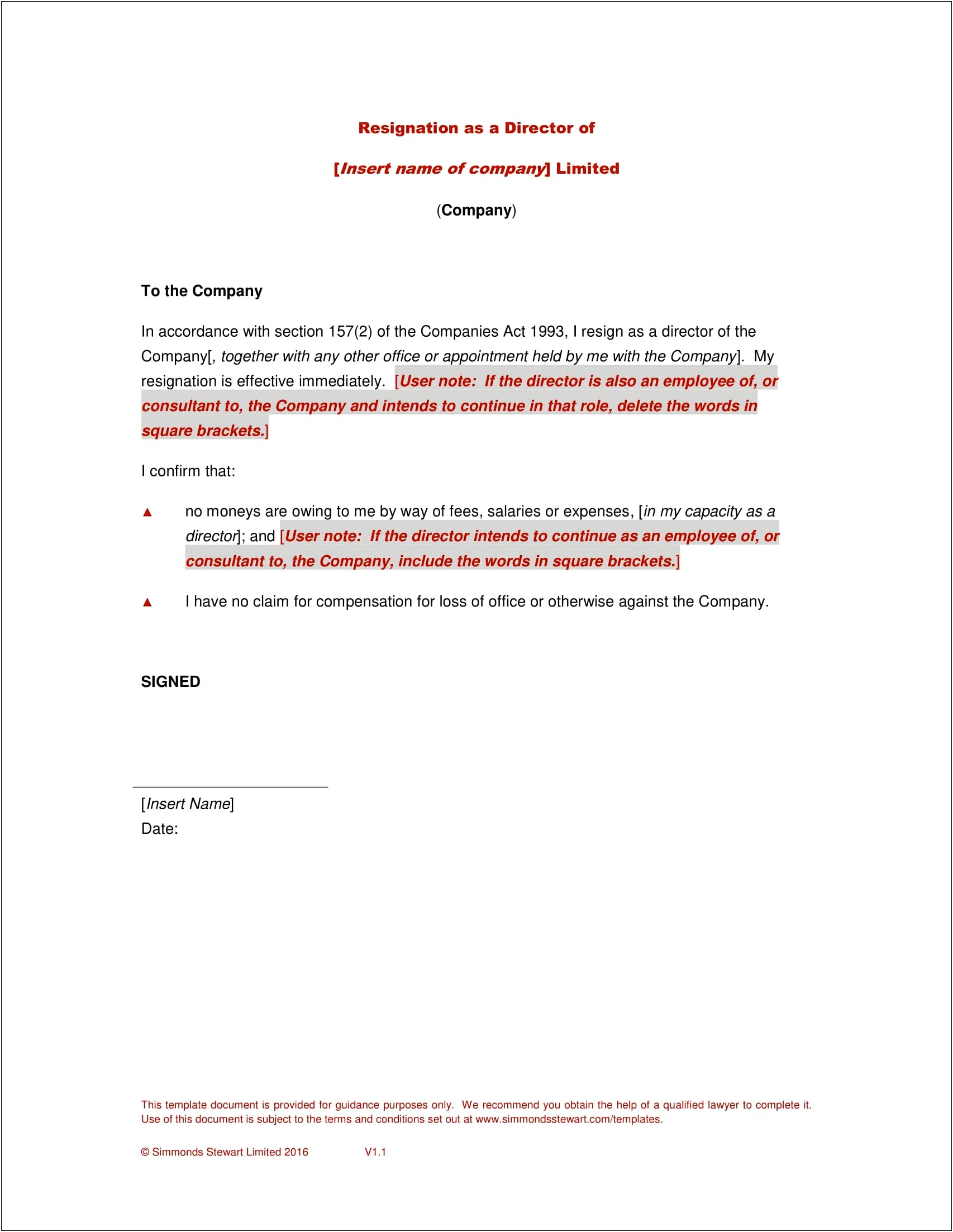 Company Director Resignation Letter Template Australia
