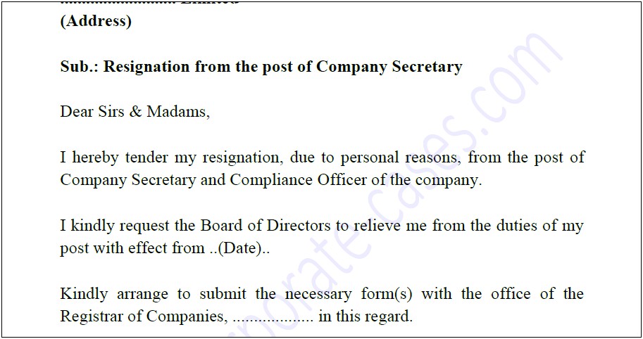 Company Director Resignation Letter Template Uk