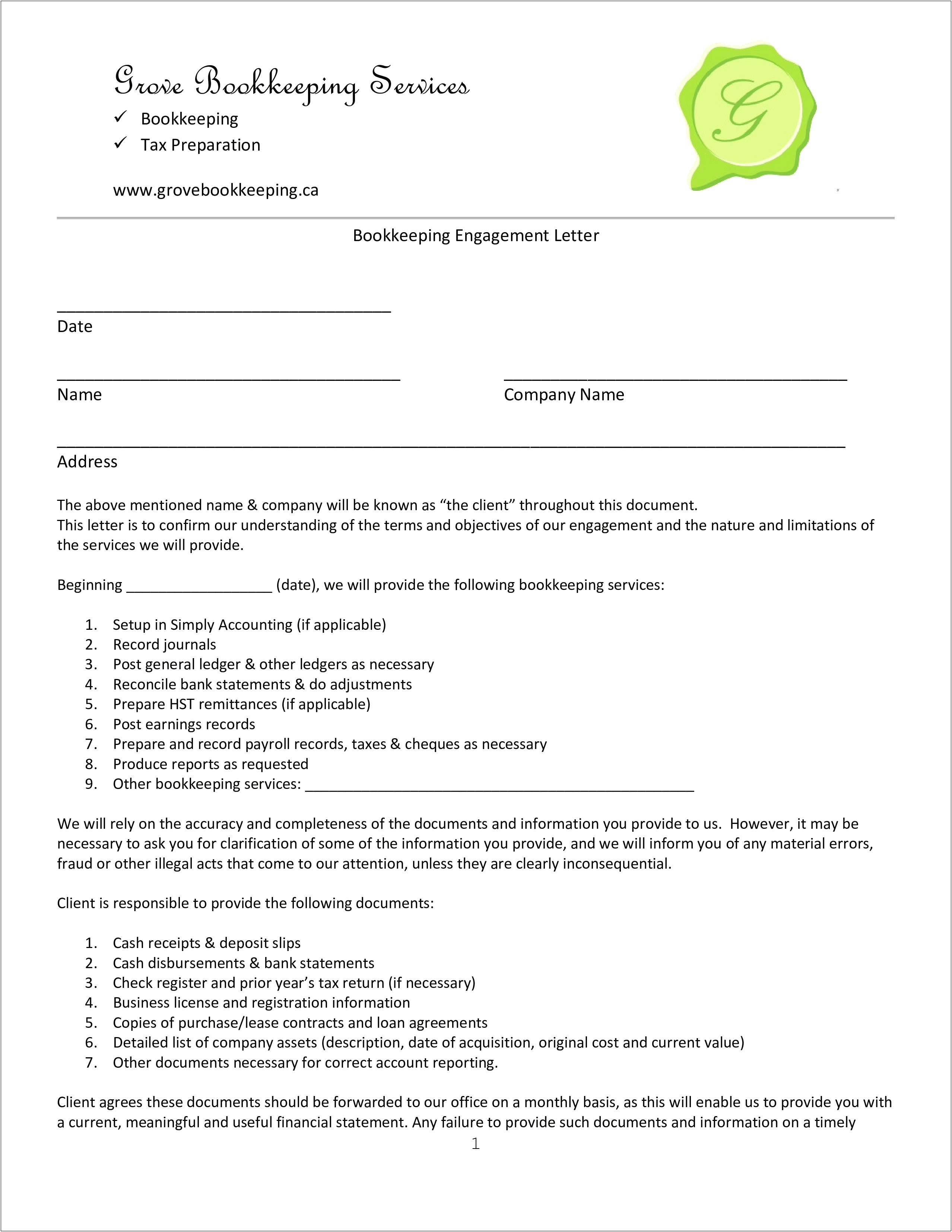 Compilation Engagement Letter Template Cash Basis