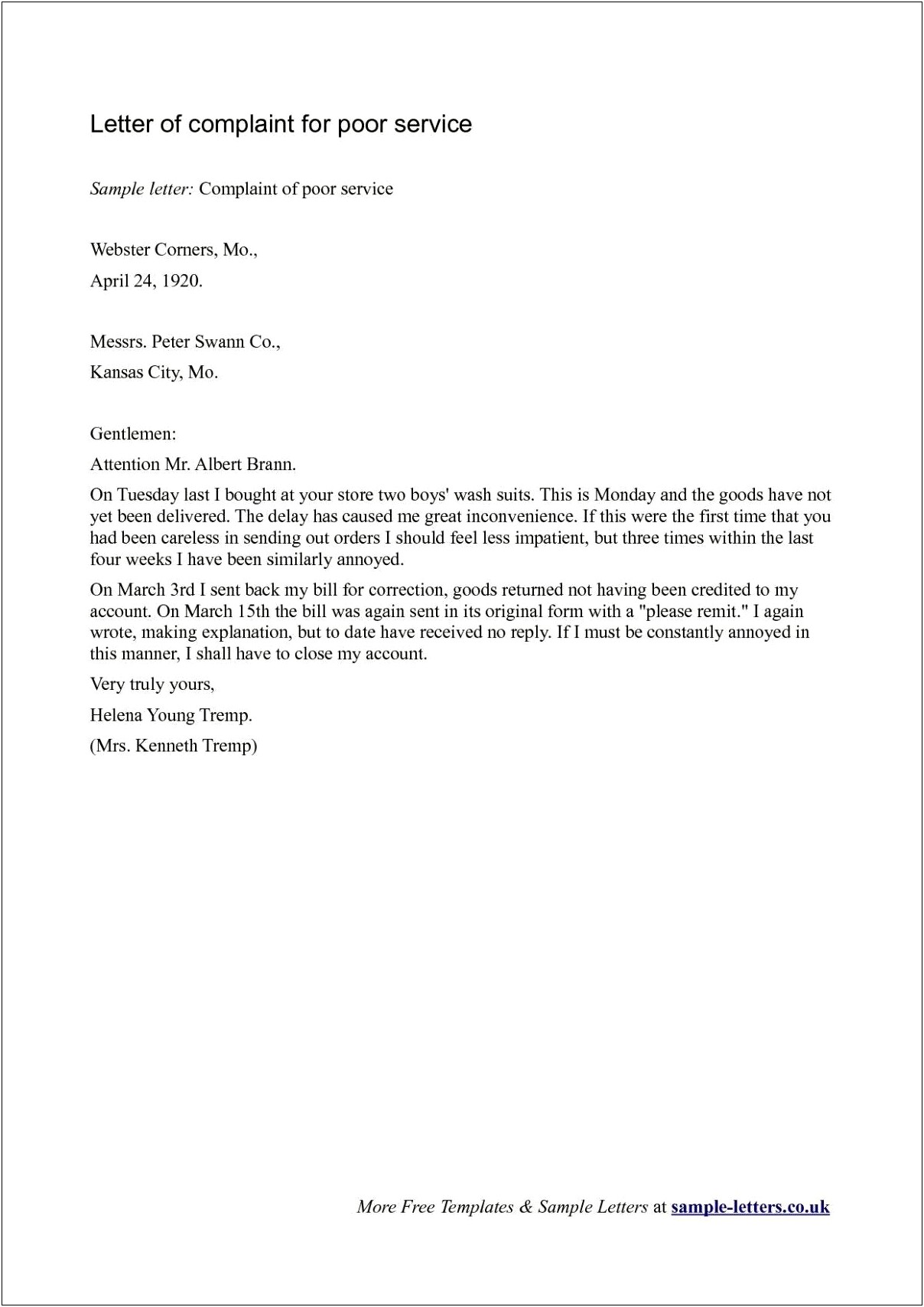 Complaint For Poor Service Letter Template