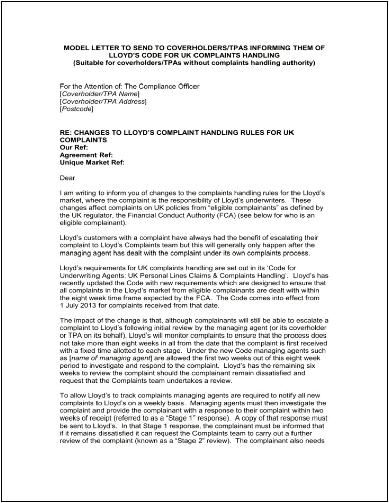 Complaint Letter Template To Financial Ombudsman