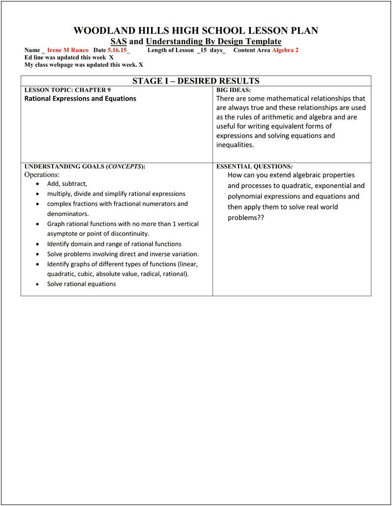 Complex Unit Lesson Plan Template High School